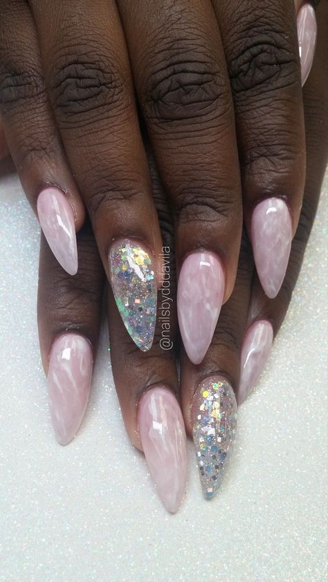 Rose Quartz Almond Stiletto Glitter Nails Encapsulated Nails Acrylic Almond Short Spring, Stiletto Glitter Nails, Mama Nails, Bb Nails, Nails Encapsulated, Rose Quartz Nails, Almond Stiletto, Almond Acrylic Nails Designs, Quartz Nails