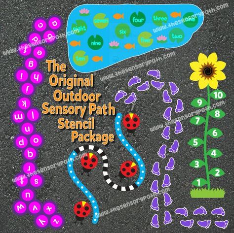 Sensory Area, Lily Pad Pond, Sensory Sensitive, Playground Painting, Sensory Pathways, Sensory Path, Preschool Garden, Walking Path, Outdoor Play Areas