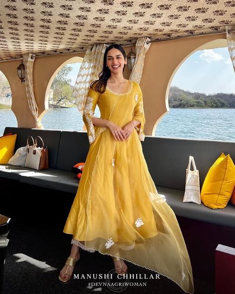 Yellow Anarkali Suits, Manushi Chhillar, Yellow Anarkali, Pure Chiffon Sarees, Indian Anarkali, Function Dresses, Organza Suits, Bridal Lehenga Collection, Cotton Outfit