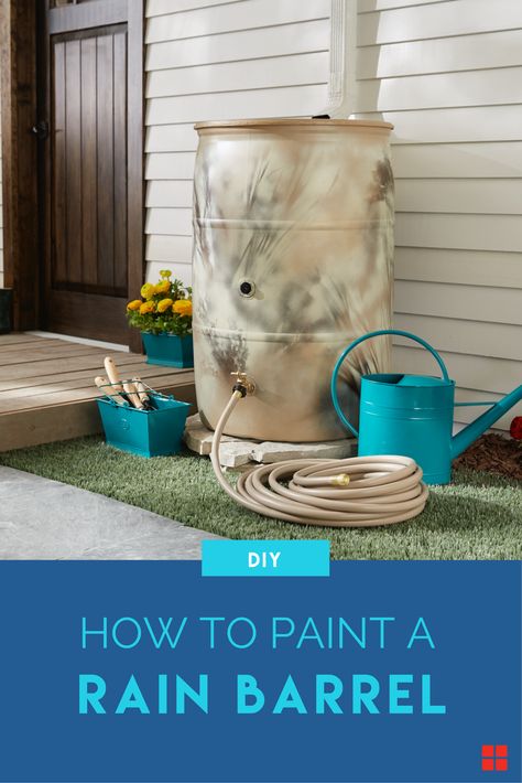 A DIY painted rainbarrel is just what your yard needs. Collect the rain in a personalized container using Rust-Oleum primer and paint. Whether you give it stripes like we did, or choose a different design, painting a rainbarrel is easy and you can give it more personality than just a plain blue color. Just a few cans of spray paint and a few hours of dry time and your rainbarrel will look like it's meant to blend right into your house garden, landscaping and home decor. Painting Rain Barrels, Painting Rain Barrels Diy, Painting A Rain Barrel, Decorative Rain Barrel Diy, How To Paint A Plastic Rain Barrel, Paint Rain Barrel, Painted Rain Barrels Ideas, Rain Barrel Painting Ideas, Painted Rain Barrels