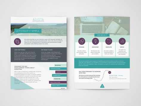 Asista Marketing Sales Sheet by Natalie Schultz on Dribbble One Pager Design, Sales Sheet, Candle Packaging Design, Sales Kit, Brochure Design Layouts, Sheet Design, Trifold Brochure Design, Page Layout Design, Ebook Design