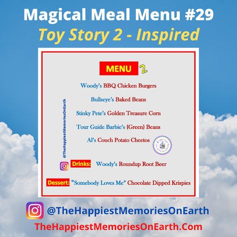 Magical Meal #29 - Toy Story 2 - Inspired Toy Story 2 Movie Night, Beer Dessert, Toy Story 3 Movie, Family Night Activities, Movie Dinner, Silly Holidays, Movie Night Dinner, Night Activities, Movie Night Food