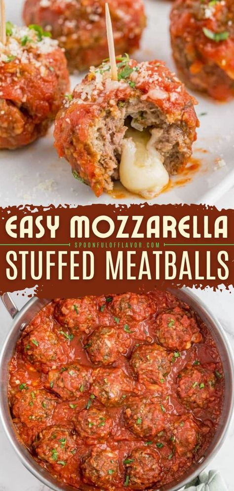 Easy Mozzarella Stuffed Meatballs, Game day food, football party finger foods, best snack ideas for Game day Mozzarella Meatballs, Cheese Meatballs, Baked Mozzarella, Pizza Marinara, Meatballs Recipes, Pork Dinners, Pork Bites, Stuffed Meatballs, Cheesy Meatballs