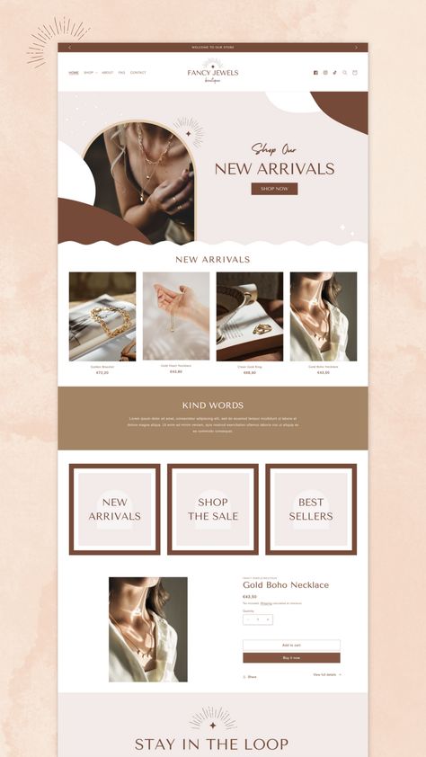 Shopify website design template - Shopify themes - Shopify design inspiration and ideas - online boutique design - ecommerce website - Shopify for beginners - Shopify store - Shopify 2.0 theme - Pink Branding Jewellery Website Designs, Ecommerce Website Header Design, Aesthetic Shopify Website, Website Design Ideas Business, Online Shopping Sites Design, Retail Website Design Inspiration, Jewelry Site Design, Sewing Website Design, Shopify Design Inspiration