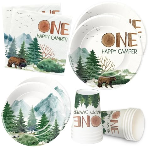 First Birthday Table Decorations, Adventure First Birthday, Camping 1st Birthday, One Happy Camper Birthday, Happy Camper Birthday Party, Adventure Time Birthday, Camping Party Decorations, One Happy Camper, Boys First Birthday Party Ideas