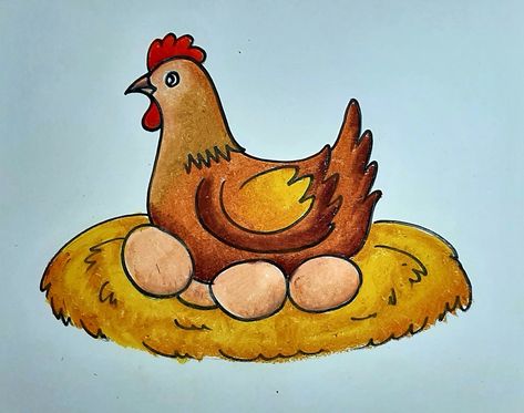 Drawing lesson Hen with eggs Drawing For Class 4 Students, Hen Drawing Easy, Hen Drawing For Kids, Bird Drawings Easy, Hen And Chicks Succulent, Drawing For Students, Chicks Illustration, Hen Drawing, Chicks Clipart