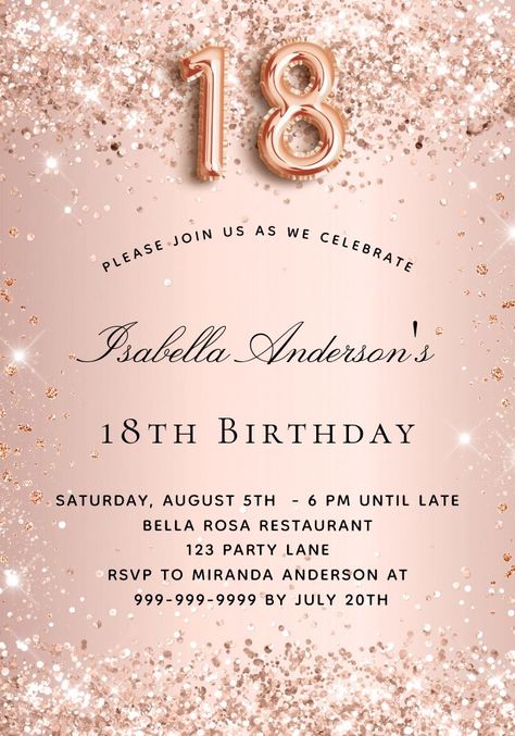 18th birthday rose gold blush glitter dust invitation Invitation For 18th Birthday, 18th Birthday Invitation, Birthday Rose Gold, Elegant Birthday Invitations, Confetti Invitation, Birthday Invitation Card Template, Birthday Invitation Card, Birthday Roses, Glitter Dust