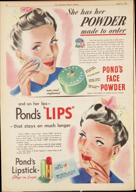 1940s Aesthetic, Makeup Advertisement, Vintage Makeup Ads, Flapper Girls, Product Ads, Beauty Ads, Beauty Advertising, Makeup Ads, Retro Makeup