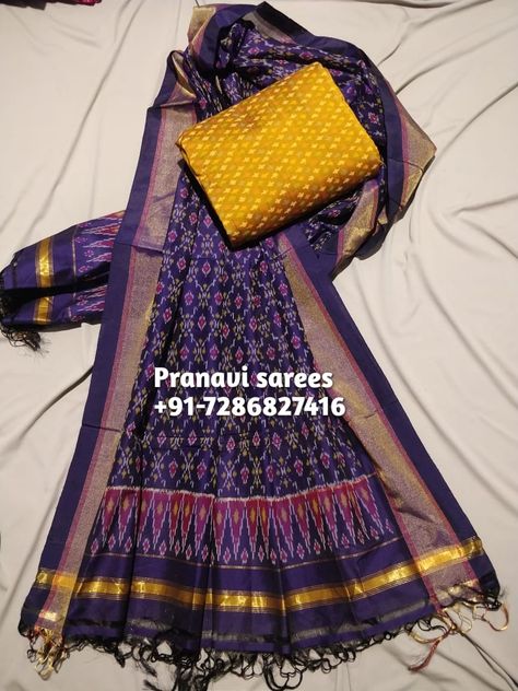 Ikkat Silk Dresses, Blue Crop Top Lehenga, Top With Dupatta, Ikkat Dupattas, Top Lehenga, Ikkat Dress Materials, Silk Outfits, Ikkat Dresses, Crop Top Lehenga