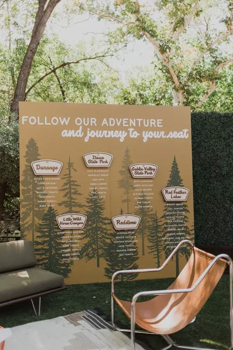 National park themed wedding with unique forest seating chart and mid-century modern furniture in the cozy guest lounge Modern Woodland Wedding, Outdoorsy Wedding Theme, Wedding Adventure Theme, Outdoorsy Themed Wedding, National Parks Wedding Theme, Wedding National Park Theme, Camp Seating Chart, National Park Wedding Decor, Adventure Seating Chart