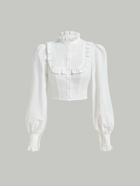 Shirt Design For Girls, Style Kawaii, Women Blouses, Flounce Sleeve, Mode Inspo, Elegant Shirt, Fashion Design Clothes, Neck Ruffle, Lantern Sleeve