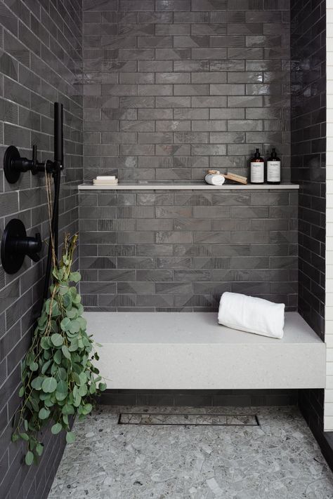 Hollywood — DMAR Interiors Small Black Tile Shower Ideas, Bathroom Shower Ideas With Bench, Tile Shower With Niche And Bench, Master Bath Showers Walk In, Manly Shower Tile, Stand Up Shower Ideas With Bench, Slate Gray Shower Tile, Master Shower Walk In, Black Shower With Bench