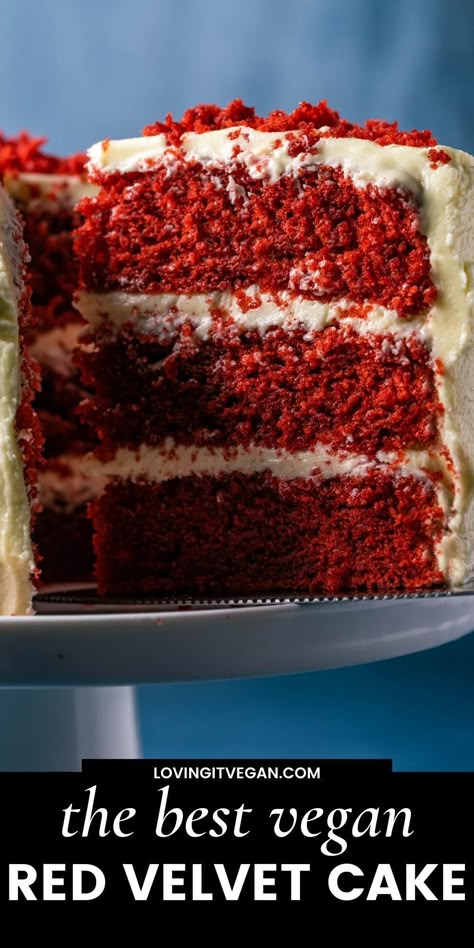 This vegan red velvet cake is rich, moist, vibrantly red and topped with a delicious tangy lemon buttercream frosting. Gluten Free Red Velvet Cake, Vegan Red Velvet Cake, Homemade Red Velvet Cake, Dairy Free Cream Cheese Frosting, Vegan Red Velvet, Vegan Cream Cheese Frosting, Dairy Free Cream Cheese, Red Velvet Cake Recipe, Velvet Cake Recipes