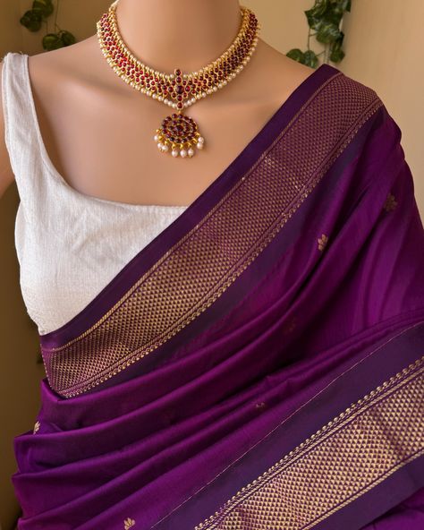 Www.thejacouture.in > Full Butta Traditional cotton silk saree > magenta cotton silk saree. . Saree Description: Magenta cotton silk saree with contrast zari border and butta all over. Comes with running blouse. Saree height: 46 inches. Saree length: 5.5 meters. Blouse : 80cm Care: Normal wash. priced: 1450/- INR For for details and query direct message us❤️. . #saree #sareelove #sareelovers #sareeblouse #sareefashion #sareedraping #sareepact #sareeblousedesigns #sareeinspiration #sare... South Indian Sarees Modern, Magenta Saree Contrast Blouse, Contrast Blouses For Silk Sarees, Silk Saree Look Traditional, Cotton Saree Look Modern, Magenta Silk Saree, Normal Saree, One Piece Dress Design, Contrast Saree