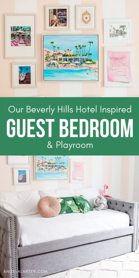 Playroom and Guest Room Combo. Ideas to organize kid's toys, save space and have an awesome room for our guests. Decoration inspired in Beverly Hills Hotel. "Press for Champagne" button included. Angela Lanter #AngelaLanter Playroom And Guest Room Combo Ideas, Guest And Playroom Combo, Kids Room And Guest Room Combo, Spare Room Playroom Combo, Guest Playroom Combo, Guestroom Playroom Combo Room Ideas, Guest Room And Playroom Combo, Kids Bedroom Playroom Combo, Guest Bedroom Playroom Combo