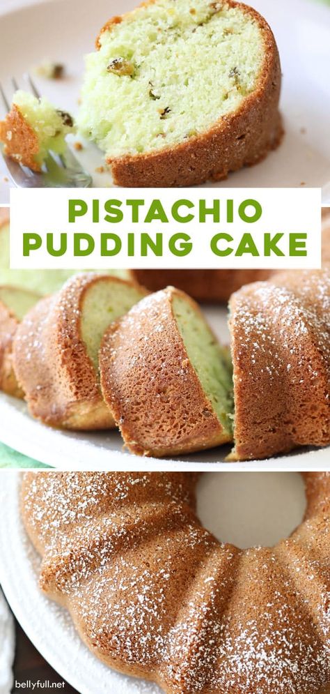 This Pistachio Cake recipe is a super easy dessert! Made with 7up soda and pudding, so it turns out so moist and tender, and baked in a bundt pan for a beautiful presentation. Pistachio Muffins Recipe Cake Mixes, Pistachio Pound Cake Recipes, Pistachio Bundt Cake, Pistachio Pudding Cake, Pistachio Cake Recipe, Pistachio Dessert, Pistachio Recipes, Super Easy Desserts, Dessert Oreo