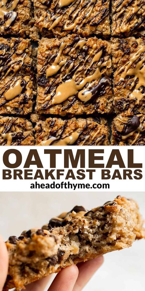 Oatmeal Breakfast Bars are chewy, filling, and delicious. Packed with simple, healthy ingredients like oats, peanut butter, and bananas, these bars are nutritious enough to start your day. They are great when you need a quick, healthy breakfast on-the-go or a snack that the whole family will love — kids too!. Think warm, comforting bowls of oatmeal, but in bar form. | aheadofthyme.com #breakfastoatmealbars #oatbars #oatsquares #breakfastbars #oatmealbars via @aheadofthyme Banana Chocolate Oatmeal, Soup Shots, Banana Oatmeal Bars, Oatmeal Bars Healthy, Chocolate Oatmeal Bars, Oatmeal Cookie Bars, No Bake Oatmeal Bars, Peanut Butter Oatmeal Bars, Oatmeal Breakfast Bars