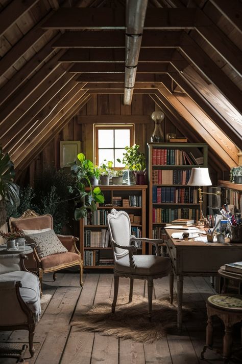 Looking for inspiration for your attic? This rustic home office design combines vintage furniture, wooden accents, indoor greenery, and natural light for a calming and stylish workspace. Attic Home Office, Rustic Home Office, Shelves Above Toilet, Office Rustic, Rustic Home Offices, Indoor Greenery, Shelves In Bedroom, Shelf Ideas, Rustic Home