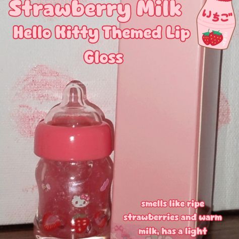 Hello Kitty Themed Lip Gloss This Lip Gloss Is Small But Contains Quite A Bit Of Product, 7ml Is Jam Packed Into Each Gloss. The Bottle Is Designed To Be A Cute Baby Bottle, With A White Wand Inside. This Gloss Comes On Clear With A Small Pink Tint To Extenuate The Natural Pink In Your Lips, Making It Office And School Appropriate. Each Lip Gloss Comes With Two Holographic Hello Kitty Stickers, The Lip Gloss, A Pink Box, And Cute Pink Packaging. The Lip Gloss Is Strawberry Milk Flavored And Scen