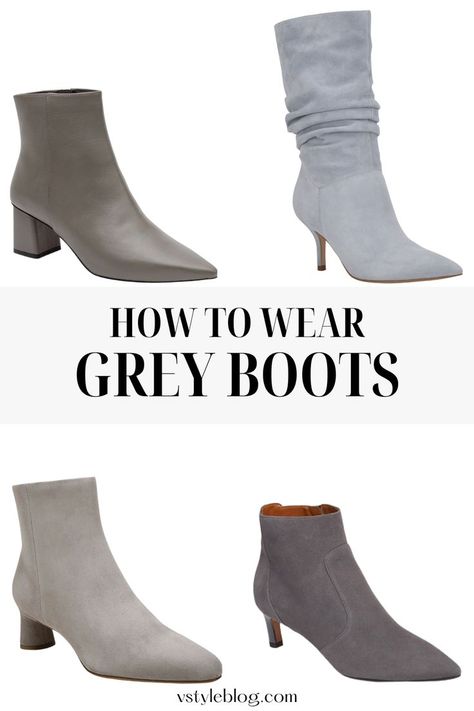 “Do grey boots go with everything?” is a question I often get asked. The short answer is: no. No, they don’t. But fear not. If you love grey boots, I’m here to help you figure out what to wear with them. Grey is considered a neutral so women purchase grey boots thinking they will be a staple in their wardrobe, but then realize they are not that versatile. The main issue is most grey boots are a non-neutral shade of grey. They can be more taupe than grey or have a tint of purple or green. Outfits With Grey Boots Ankle, Gray Boots Outfit Ankle, Taupe Boots Outfit Ankle, Grey Suede Boots Outfit, Gray Booties Outfit, Gray Ankle Boots Outfit, Grey Booties Outfit, Grey Ankle Boots Outfit, Suede Ankle Boots Outfit