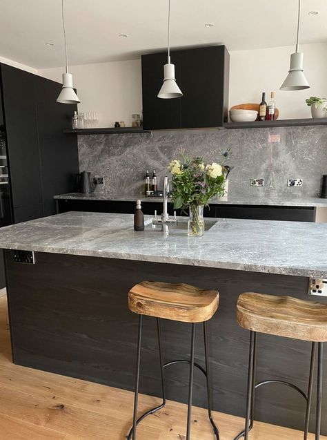 Matt black kitchen dressed in grey marble top Grey Marble Top Kitchen, Granite Kitchen Table, Matt Black Kitchen, Matt Kitchen, Granite Table Top, Cocina Ideas, Black Kitchen Cabinets, Marble Table Top, Granite Kitchen