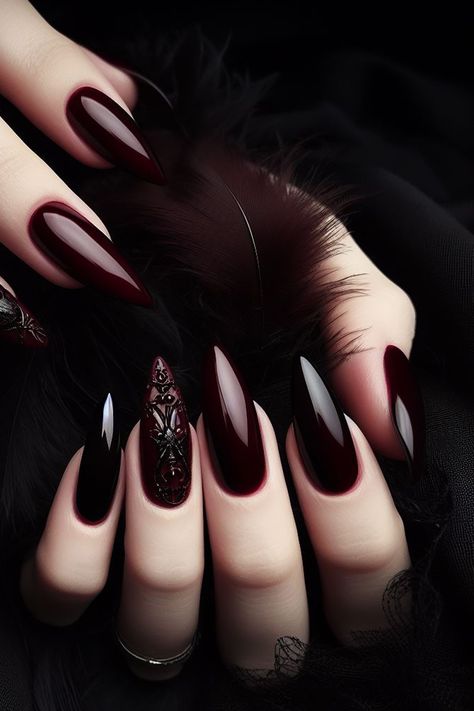 Gothic Chrome Nails, Dark Nail Designs Gothic, Red Gothic Nails, Moody Nails, Vampy Nails, Maroon Nail Designs, Maroon Nail, Dark Nail Designs, Vampire Nails