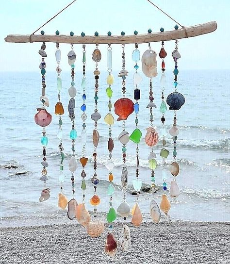 Sea Glass Decor Beach Glass Wind Chimes, Sea Shell Wind Chimes Homemade, Sea Glass Mobile, Seashell Chime, Sea Glass Projects, Driftwood Windchimes, Seaglass Decor, Seashell Windchimes, Shell Canvas Art