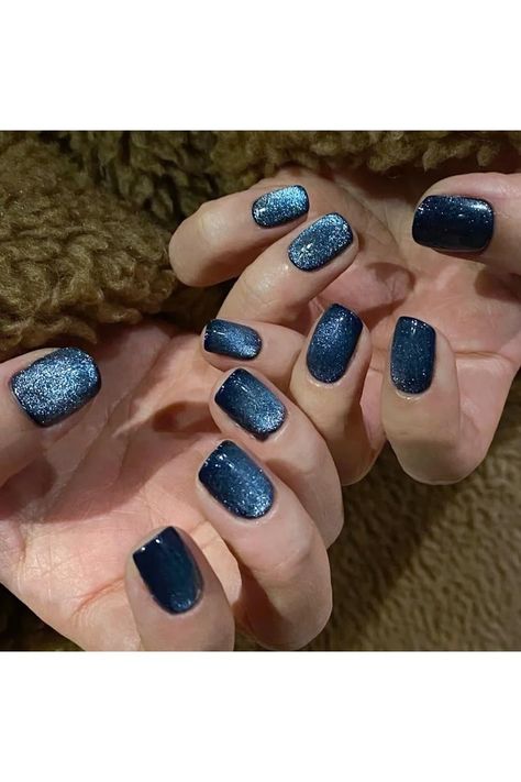 NAILKISS Dark Blue Wide Glitter Cat Eye Gel Nail Polish Set with Magnet for Holographic Wide Magnetic CatEyes Gel for Women Magnetic Nail Polish Short Nails, Dark Blue Cateye Nails, Dark Blue Magnetic Nails, Dark Blue Cat Eye Nails, Cateye Nails, Magnetic Gel Polish, Glitter Cat Eye, Magnetic Nail Polish, Magnetic Nails