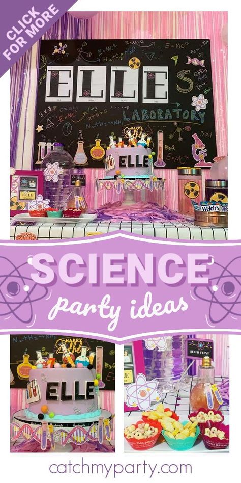 Check out this fun science birthday party! The cake is so cool! See more party ideas and share yours at CatchMyParty.com #catchmyparty #partyideas #scienceparty #science #girlbirthdayparty Science Party Ideas, Science Party Decorations, Science Themed Party, Science Birthday Party Ideas, Scientist Birthday Party, Mad Scientist Birthday, Science Birthday Party, Mad Science Party, Scientist Birthday