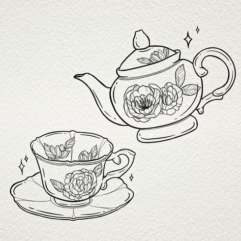 Tattoo matching inspiration of teacup and teapot cute and delicate tattoo art Single Line Teacup Tattoo, Teapot And Teacup Drawing, Vintage Tea Set Tattoo, Teapot Pouring Tea Drawing, Pouring Tea Tattoo, Simple Tea Cup Drawing, Matching Tea Cup Tattoo, Matching Tea Tattoos, Teapot Tattoo Design