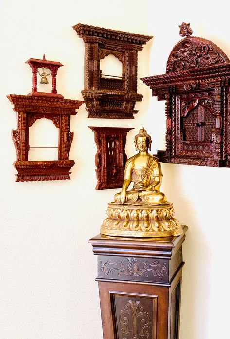 This corner flaunts amazing Nepali wooden crafts. All these traditional windows and the brass buddha idol are handmade in Kathmandu. #traditionalhomedecor #interior #interiordesignideas #woodcrafts #nepal #nepali #cornerofmyhome #indianhomedecor #buddha #brass #traditional #kathmandu Nepali Interior, Nepali Decor, Buddha Idol, Traditional Windows, Art Corner, Indian Home Decor, Antique Wall Clock, Wooden Art, Wooden Crafts