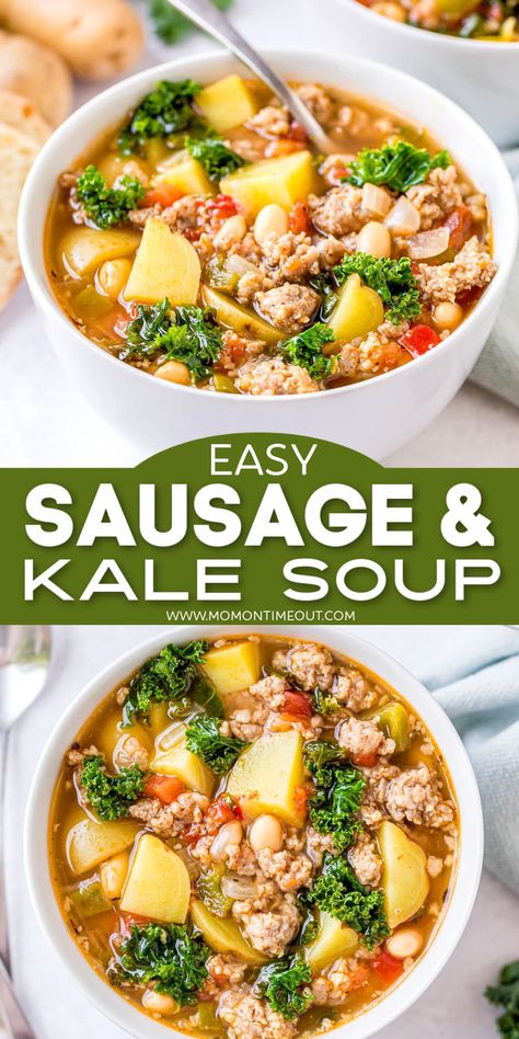 This yummy Sausage Kale Soup recipe is made in one pot and is loaded with sausage, onions, potatoes, white beans and kale! So hearty and delicious! // Mom On Timeout #soup #souprecipes #sausage #potatoes #soups #potatosoup