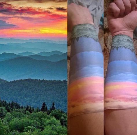 Blue Ridge Mountain Tattoo, Blue Ridge Mountains Tattoo, Thunderbird Tattoo, Sunrise Tattoo, Sunset Tattoo, Sky Tattoos, Sunset Tattoos, Mountains Sunset, Watercolor Sunset