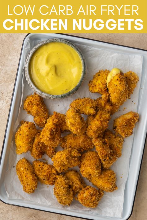 Low Carb Air Fryer Chicken Nuggets are the perfect way to make keto chicken nuggets in an air fryer. Just use pork rinds to bread chicken breast and cook them in your air fryer. Chicken Nuggets With Pork Rinds, Low Carb Chicken Nuggets Air Fryer, Air Fryer Meal Recipes, Air Fried Chicken Nuggets, Keto Chicken Nuggets, Low Carb Air Fryer, Air Fryer Chicken Nuggets, Easy Low Carb Lunches, Bread Chicken