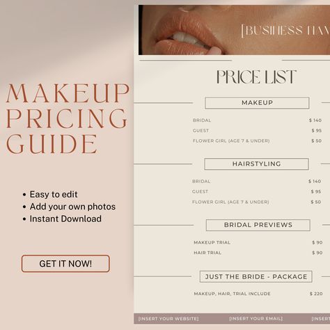 makeup artist, princing guide, bridal makeup, professional makeup artist, wedding makeup specialist, beauty studio owner, price list, editable wedding price list, price template, small business printable, customizable price template, hair price sheet, hair styling price guide Makeup Artist Price List Template, Makeup Price List Ideas, Makeup Artist Price List, Wedding Price List, Makeup Price List, Rate Card, Artist Wedding, Uk Makeup, Makeup Prices