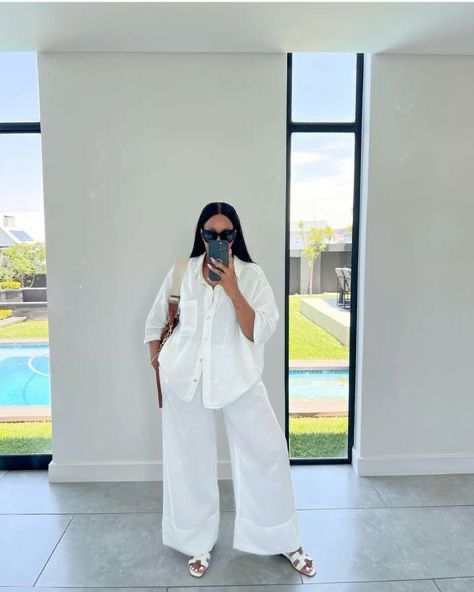 Ethereal Black Women Outfits, Two Piece Linen Outfit, White Linen Set Outfit, Casual All White Outfit, All White Outfit Aesthetic, Linen 2 Piece Outfit, White Outfit Aesthetic, White Linen Set, Dope Fashion Outfits