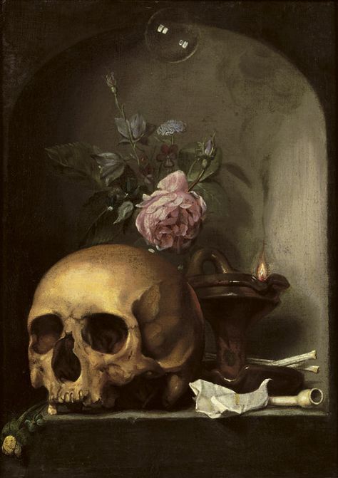 Memento Mori Art, Vanitas Paintings, Skull Painting, Flower Skull, A Skull, Still Life Art, Memento Mori, Skull Art, Still Life Painting