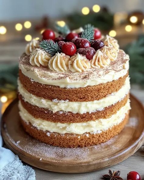 Spiced Cake With Eggnog Buttercream, Spice Cake With Eggnog Buttercream, Christmas Spice Cake Eggnog Buttercream, Spice Cake Eggnog Buttercream, Eggnog Spice Cake, Christmas Spice Cake Recipes, Spiced Eggnog Cake, Gingerbread Cake With Eggnog Frosting, Spice Cake Decoration