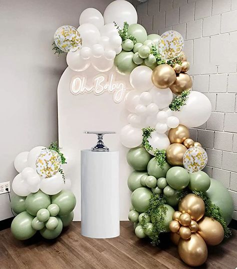 Sage Baby Shower Ideas, Sage Green Baby Shower Ideas, Sage Green Balloon Garland, Peach Balloons, Green Balloon Garland, Sage Green Baby Shower, Green Balloons, Neutral Shower, Bridal Shower Balloons