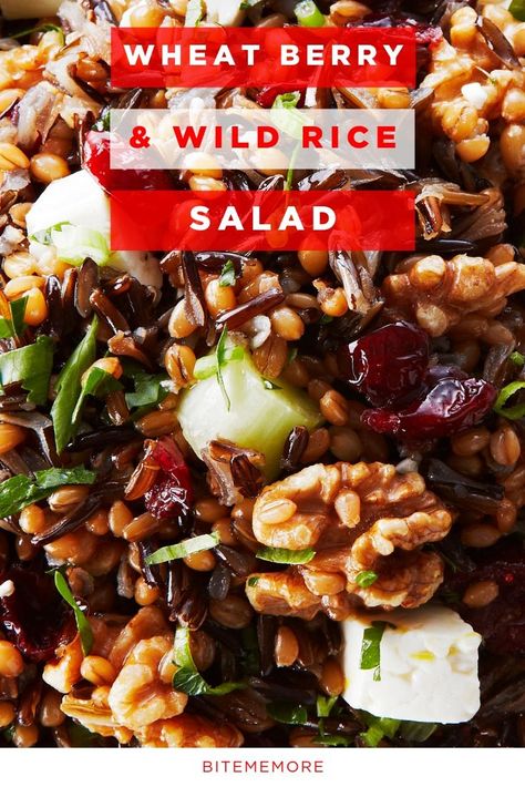 Think a salad can't be satisfying? Think again. This Wheat Berry and Wild Rice Salad recipe will satisfy any appetite. Healthy, slightly nutty and chewy wheat berries are combined with wild rice, crunchy apples, tart cranberries, creamy feta cheese and toasted walnuts, all tossed in a citrus vinaigrette. Wheat Berries Salad, Wheat Berries Recipe, Wheatberry Recipes, Kamut Recipes, Wheat Berry Salad Recipes, Wild Rice Salad Recipe, Wheat Berry Recipes, Wheat Berry Salad, Great Salad Recipes