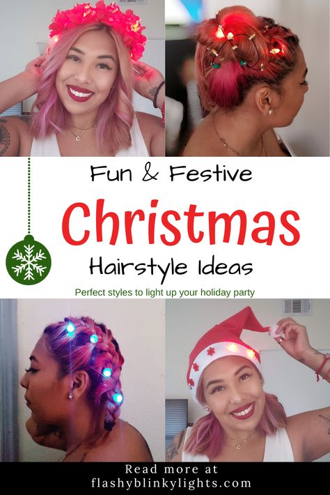 Fun and festive Christmas hairstyle ideas. Hair style ideas for your Christmas party. Easy hairstyles for a fun holiday party #christmas #holidayhair #partyhair Christmas Lights In Hair, Xmas Hairstyles For Women, Fun Holiday Hairstyles, Hair Styles For Christmas Party, Xmas Hairstyles, Crazy Christmas Hairstyles, Christmas Party Hair, Christmas Hairstyle, Christmas Party Hairstyles