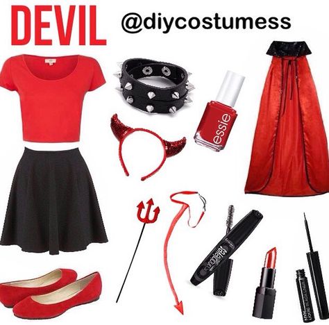 Diy devil Halloween costume Devil Costume Teen Girl, Women’s Devil Halloween Costume, Devil Hairstyles Halloween, Devil Aesthetic Costume, Simple Devil Costume, Devil Diy Costume Women, Easy Devil Costume, Diy Devil Costume Women, Female Devil Costume