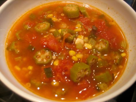 Vegan Southern Okra Soup in the crockpot. Gumbo Recipe Okra, Okra Soup Recipe, Okra Gumbo, Okra Soup, Soup Recipe Ideas, Okra And Tomatoes, Okra Recipes, Corn Soup, Soups Stews Chilis