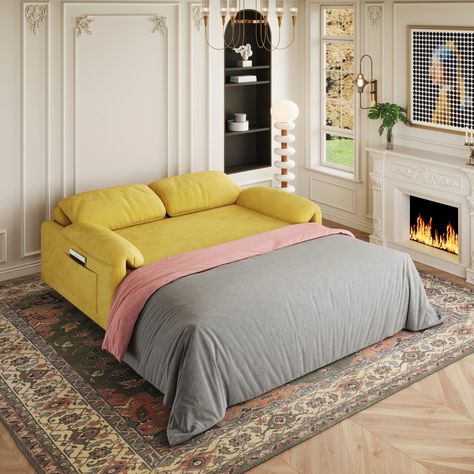 54" Yellow Velvet Convertible Loveseat Sleeper Sofa, Pull out Sofa Bed - On Sale - Bed Bath & Beyond - 40047107 Couch Queen Bed, Couch To Bed Small Spaces, Types Of Apartments, Apartment Couch, Comfy Sofa Bed, Fluffy Sofa, Upholstered Sofa Bed, Loveseat Sleeper Sofa, Multi Functional Sofa