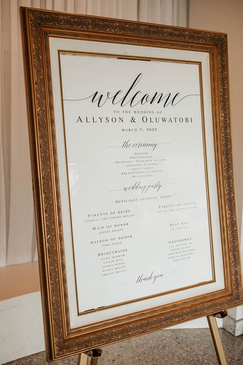 Gold Frame Welcome Sign, Gold Framed Wedding Signs, Framed Welcome Sign Wedding, Gold Frame Wedding Sign, Frame Wedding Sign, Vintage Welcome Sign, Wedding Order Of Events, Wedding Program Sign, Wedding Entrance Sign