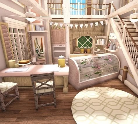 Aesthetic Bloxburg Cafe Layout, Bloxburg Bakery Interior Ideas, Bloxburg Bakery Ideas Exterior, Bloxburg House Ideas Cottagecore, Aesthetic Bloxburg Family House, Bloxburg Bakery Layout, Bloxburg Greenhouse Ideas, Bloxburg Boutique, Bloxburg Fairy House