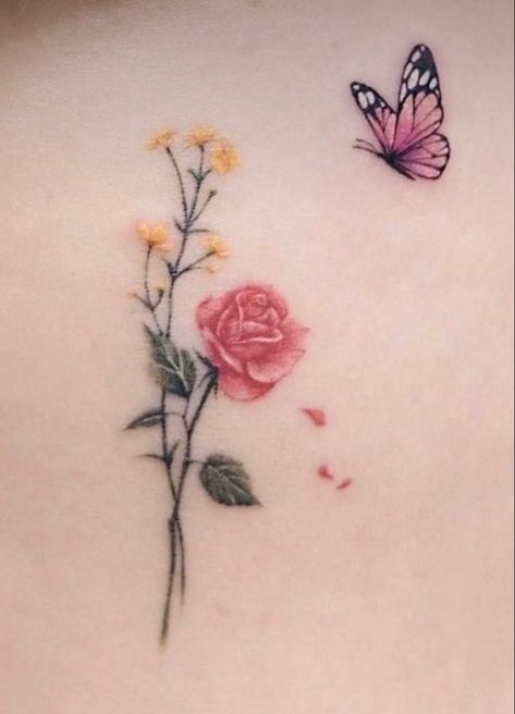 Fancy Tattoo For Girl, Rose With Two Butterflies Tattoo, Small Pink Butterfly Tattoo, Red Rose With Butterfly Tattoo For Women, Pink Rose And Butterfly Tattoo, Butterfly With Flowers Tattoo Color, Fancy Tattoo, Pink Rose Tattoos, Tattoo 2023