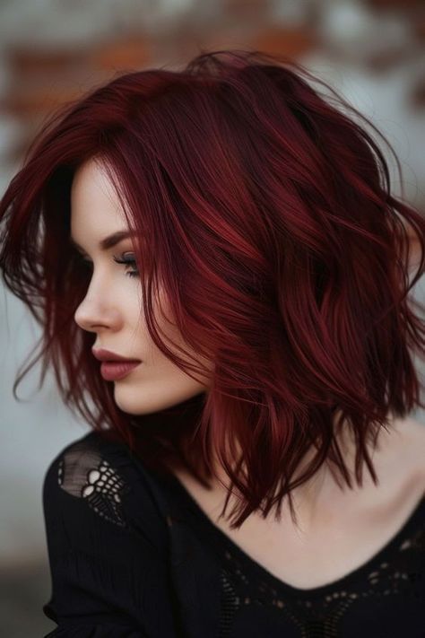 Dark Red Shoulder Length Hair, Scarlet Hair Color, Scarlet Red Hair, Red Velvet Hair Color, Vibrant Red Hair, Extension Board, Short Red Hair, Dark Red Hair, Hair Color Auburn