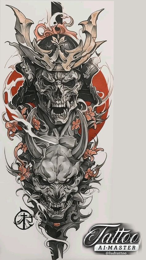 Biomech Tattoo, Japanese Hand Tattoos, Samurai Tattoo Sleeve, Oni Mask Tattoo, Oni Tattoo, Viking Tattoo Sleeve, Tattoo Japanese Style, Samurai Tattoo Design, Skull Sleeve Tattoos