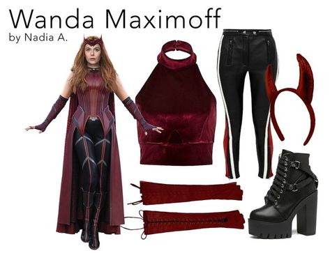 Scarlet Witch, WandaVision, Marvel, Disney, Disneybound, Outfit, Fashion, MCU, Avengers, Red, Black, Villain/Hero, Halter Top, Fingerless Gloves, Devil Horns Headband Wanda Disneybound, Scarlet Witch Disneybound, Wanda Inspired Outfit, Wanda And Pietro, Disneybound Ideas, Scarlet Witch Cosplay, Marvel Fashion, Disney Fits, Disney 2023